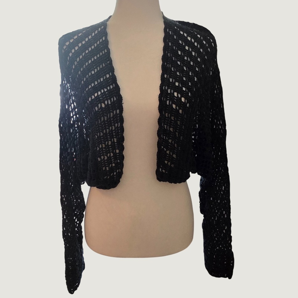 Chico's Black Crochet Open Knit Shrug Cardigan S/M Whimsigoth Cover Up Flawed